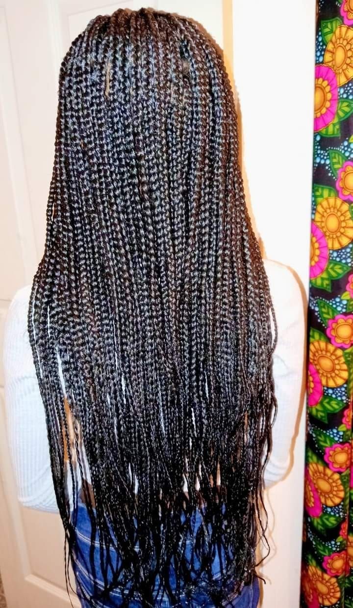 Back view of a person with long, neatly done box braids extending down to their waist.